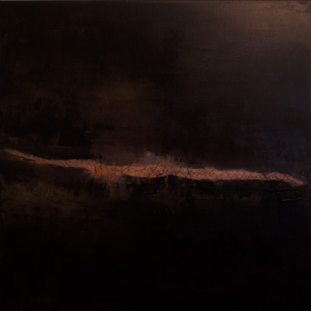 Jules Allan - Extant, 90cm x 90cm, oil, plaster and stitching on canvas
